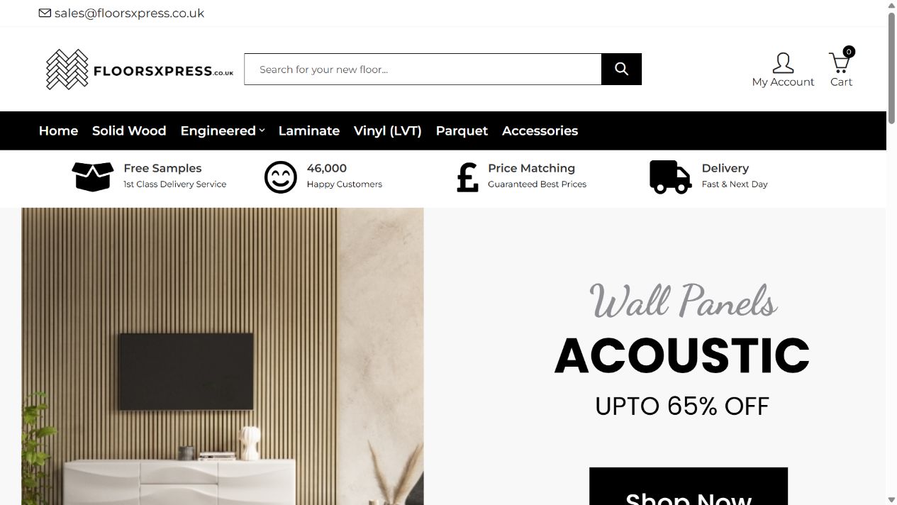 Floors Xpress homepage showing its flooring navigation and wall panels collection